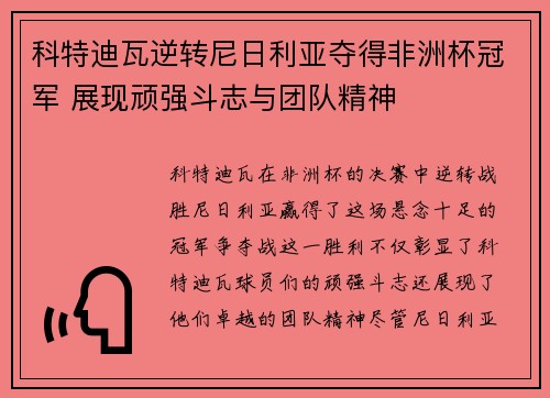 科特迪瓦逆转尼日利亚夺得非洲杯冠军 展现顽强斗志与团队精神