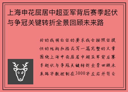 上海申花屈居中超亚军背后赛季起伏与争冠关键转折全景回顾未来路 上海申花屈居中超亚军背后赛季起伏与争冠关键转折全景回顾未来路